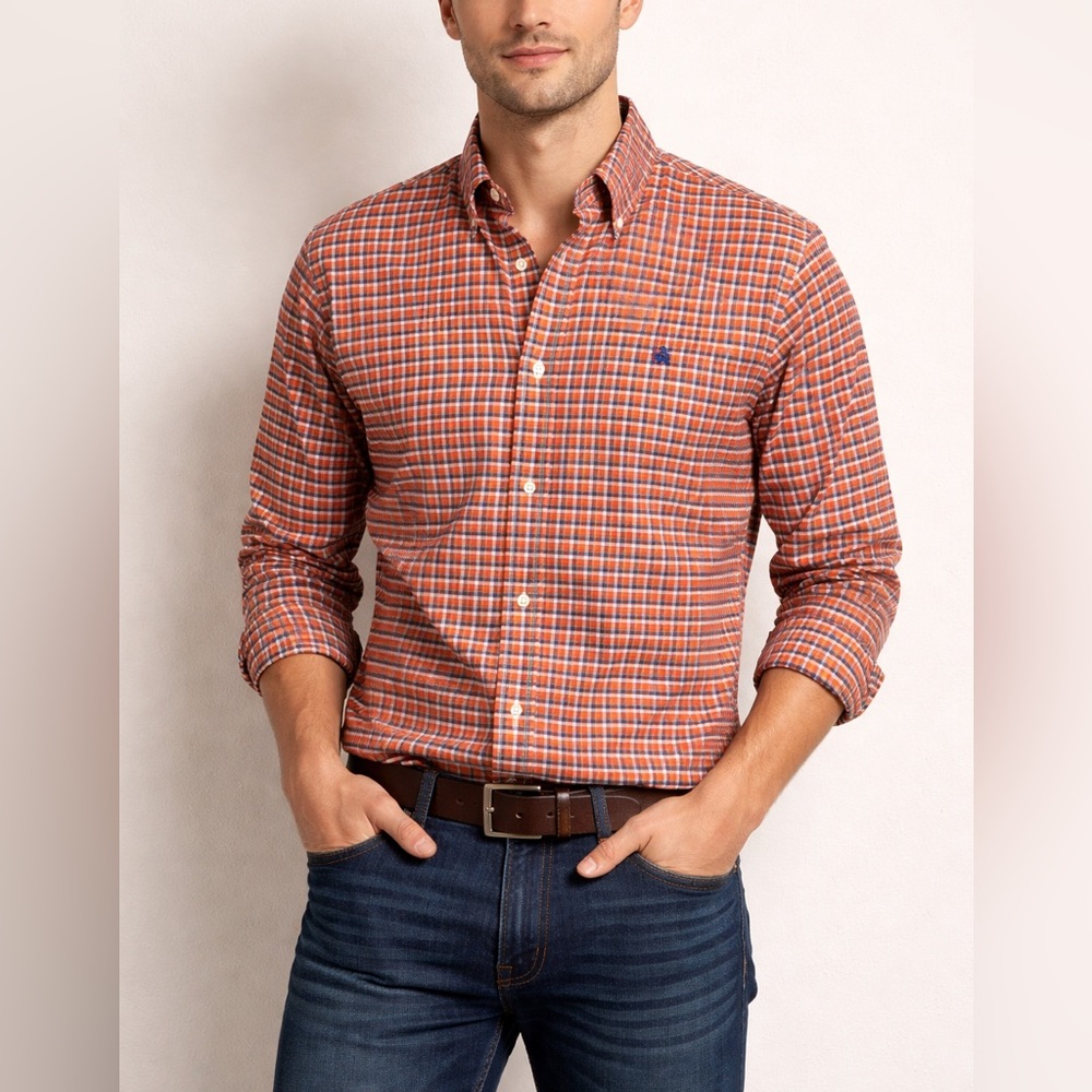 Brooks Brothers Shirt Mens Orange Check Long Sleeve